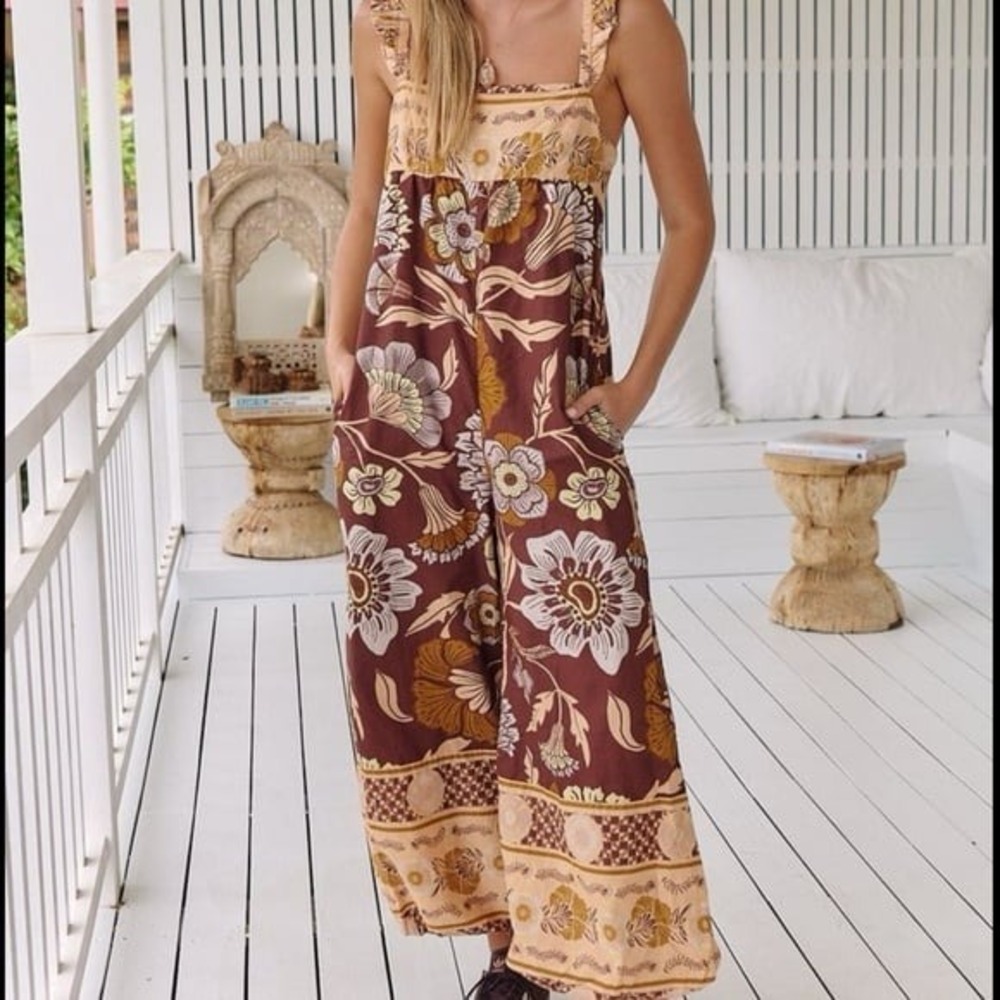 Free People Bali Albright Wide Leg Jumpsuit in Coffee Combo Brown Tan NWT Medium - Picture 7 of 11
